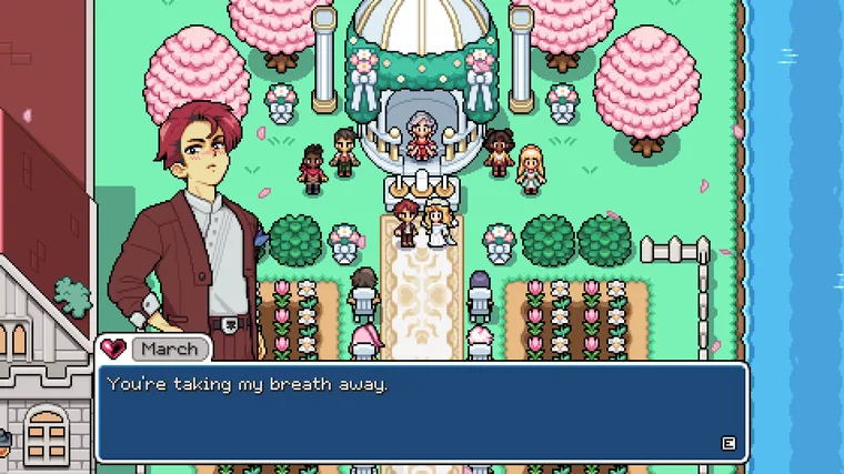 Official Fields of Mistria wedding screenshot for romance and marriage guide